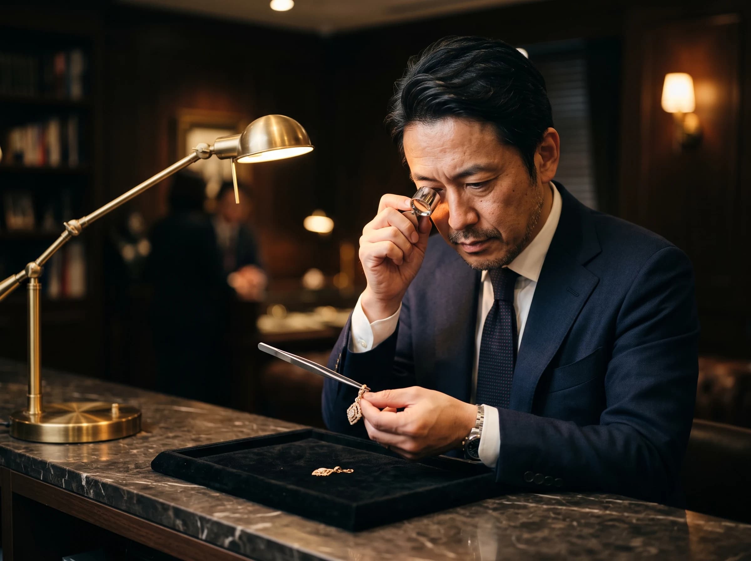 鑑定士が金の指輪をルーペで検分している様子