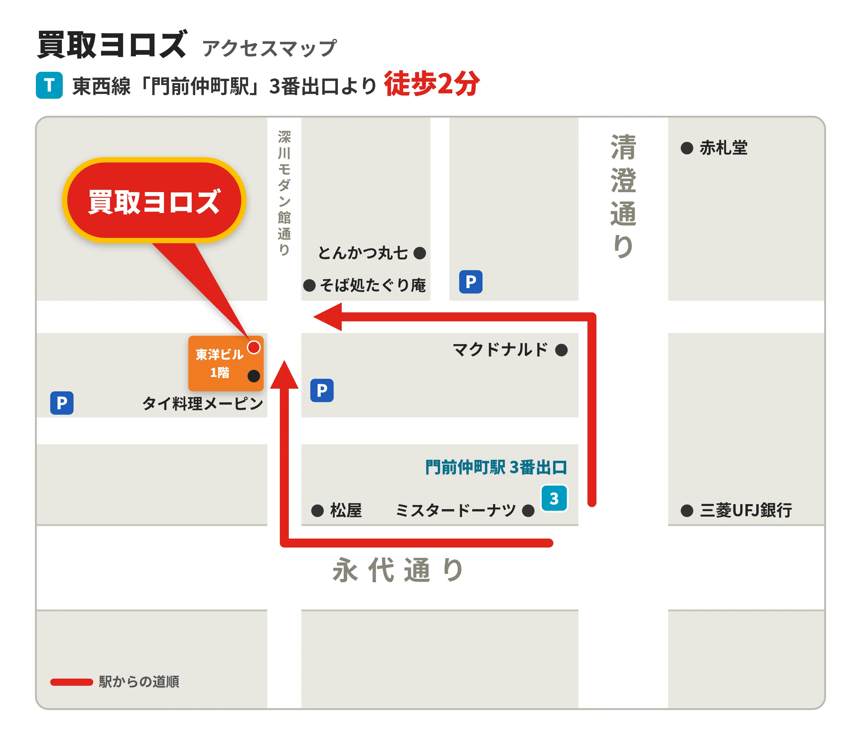 門前仲町駅3番出口から買取ヨロズ(東洋ビル1階)までの徒歩ルートを示した案内図